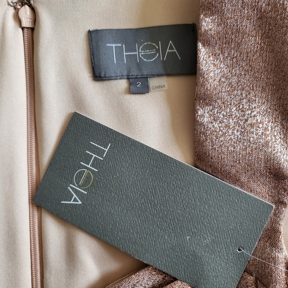 New Theia Cap-Sleeve Stretch Lamé Metallic Dusty Rose Cocktail Midi Dress NWT  2 - Picture 13 of 15